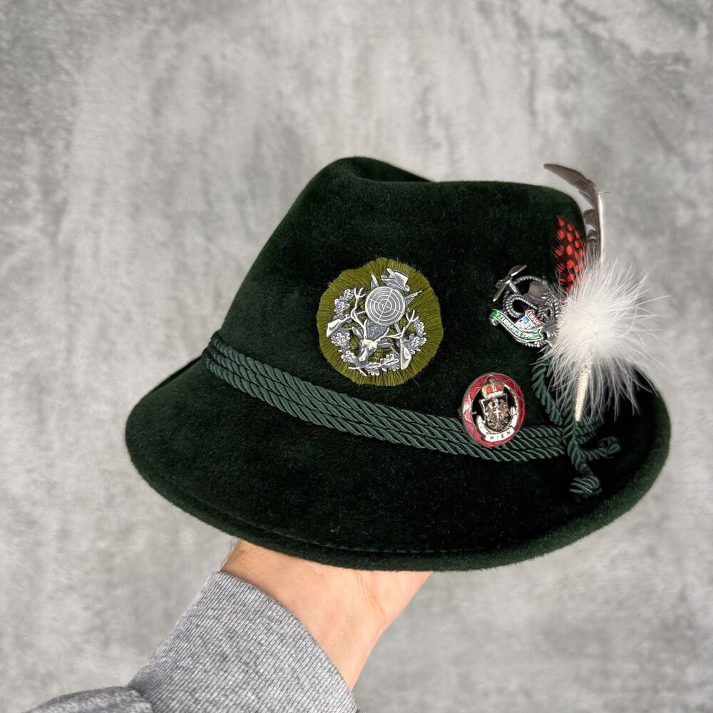Vtg Echt Bayerischer Velour Hut German Alpine Wool Felt Hat Garmisch Pins sz 55